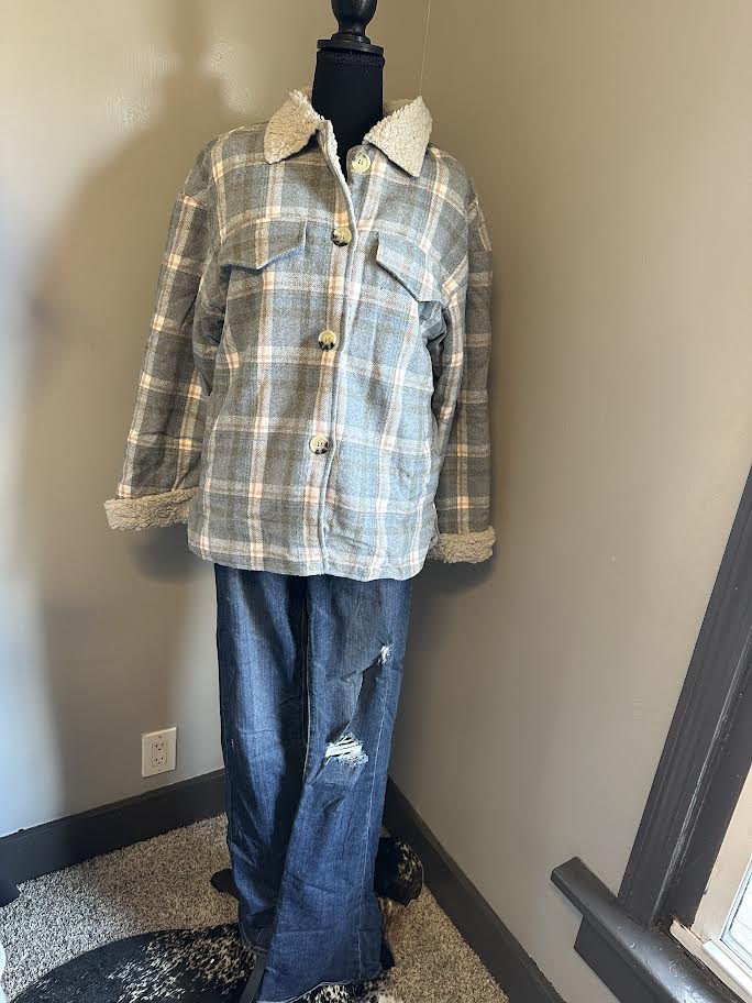 Soft blue plaid jacket with sherpa lining