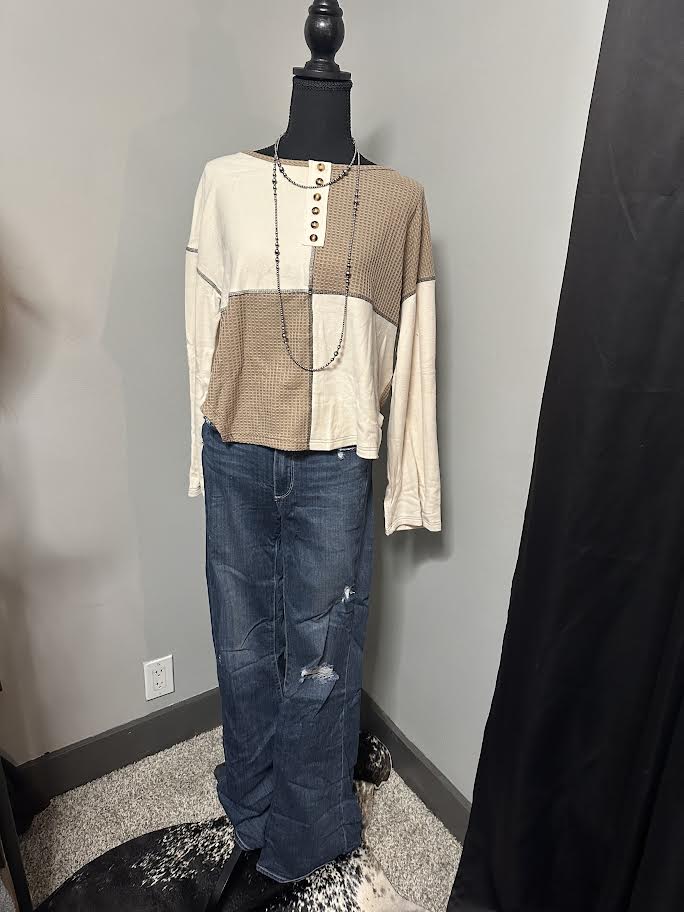 White/tan block sweater