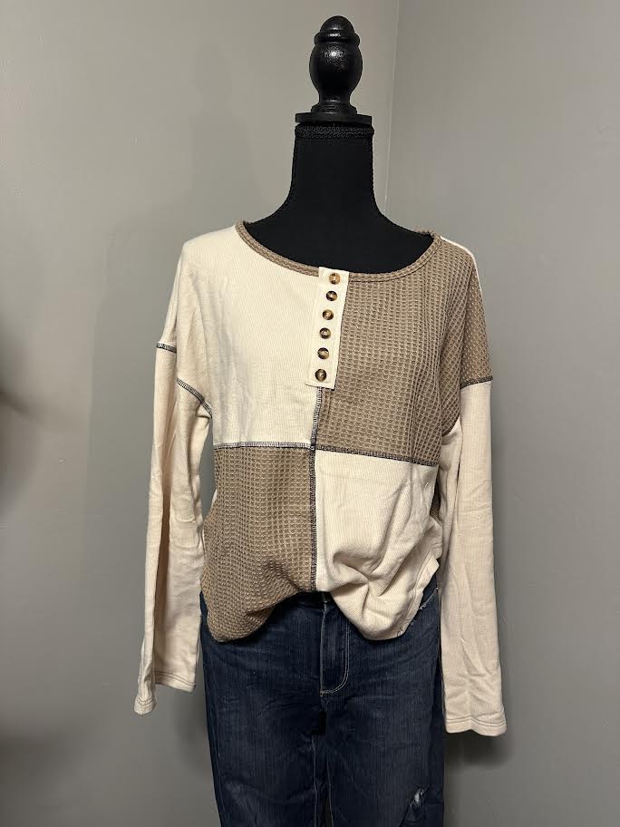White/tan block sweater