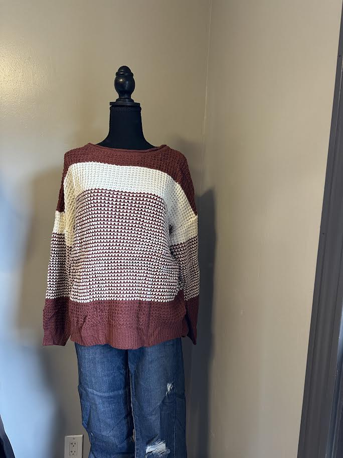 Red color block crochet sweater