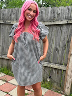 Black Gingham Puff Sleeve Mini Dress