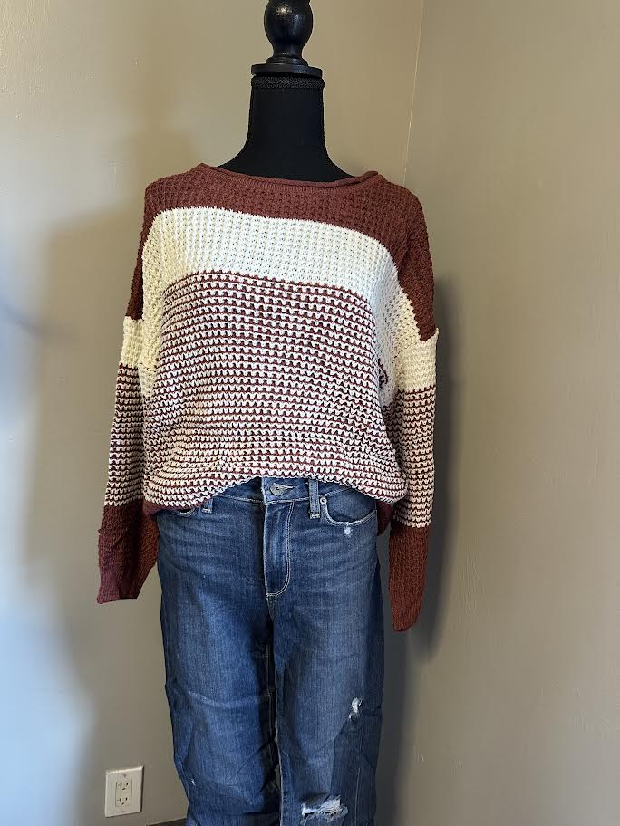 Red color block crochet sweater