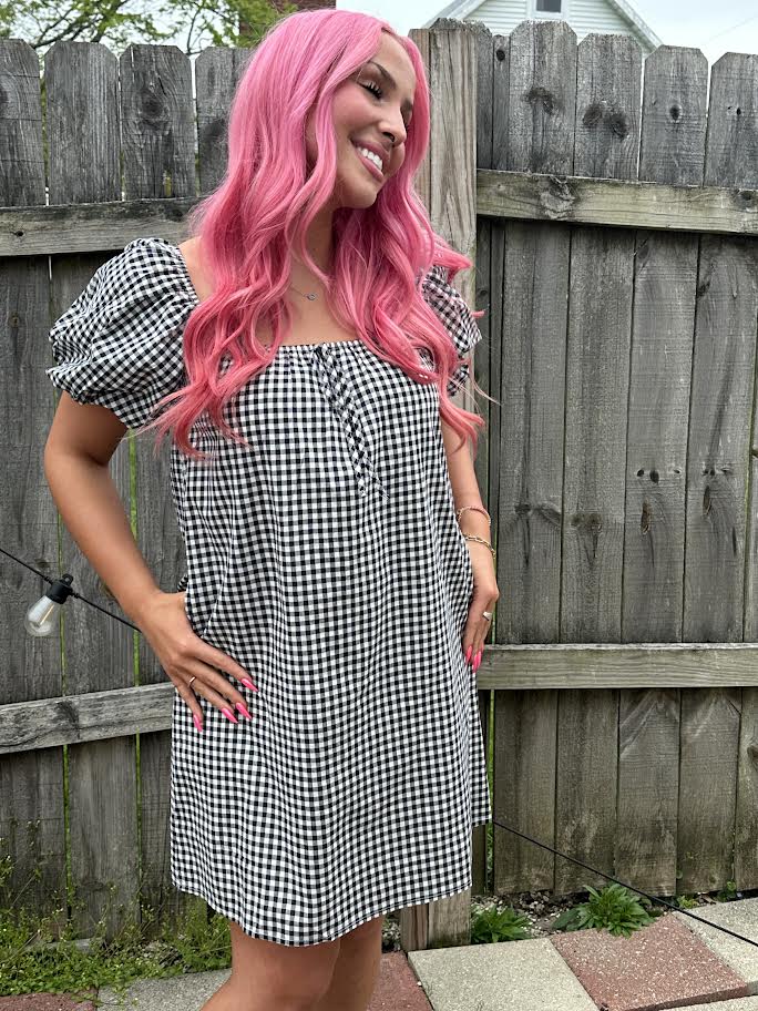 Black Gingham Puff Sleeve Mini Dress