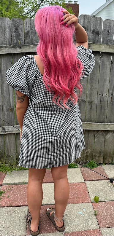 Black Gingham Puff Sleeve Mini Dress