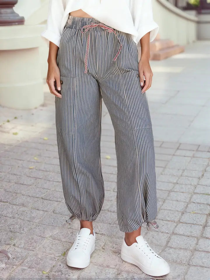 Striped wide leg, drawstring pants
