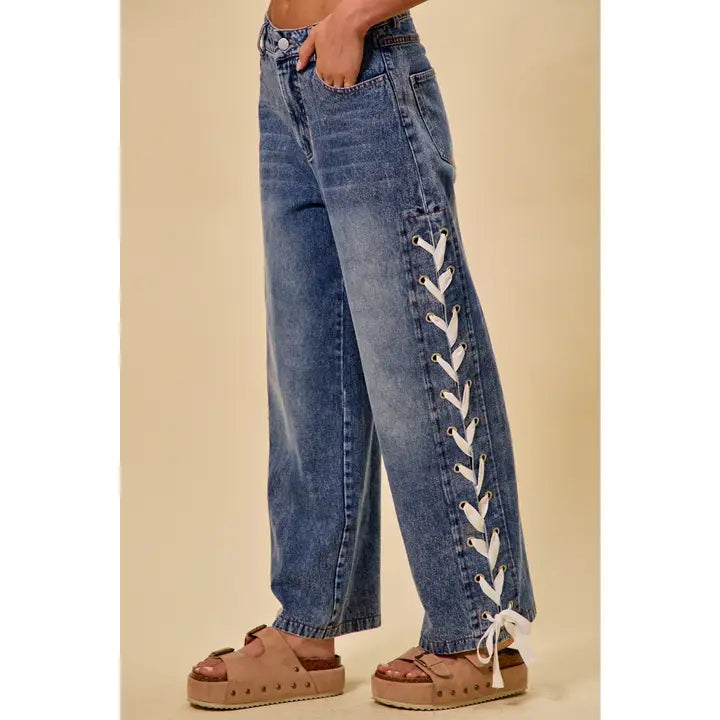 Mid rise straight leg denim lace up jeans
