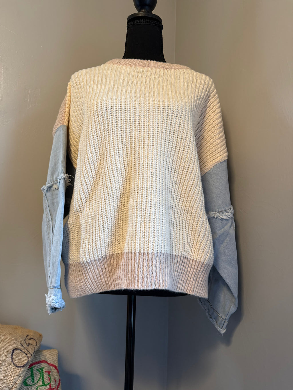 Taupe two toned sweater with denim sleeves