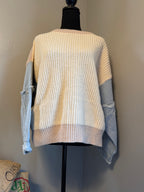 Taupe two toned sweater with denim sleeves