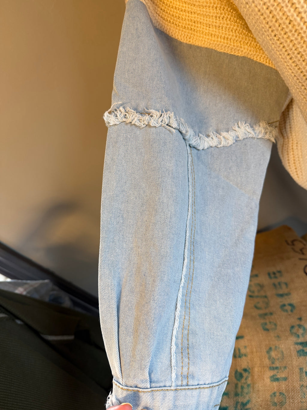 Taupe two toned sweater with denim sleeves