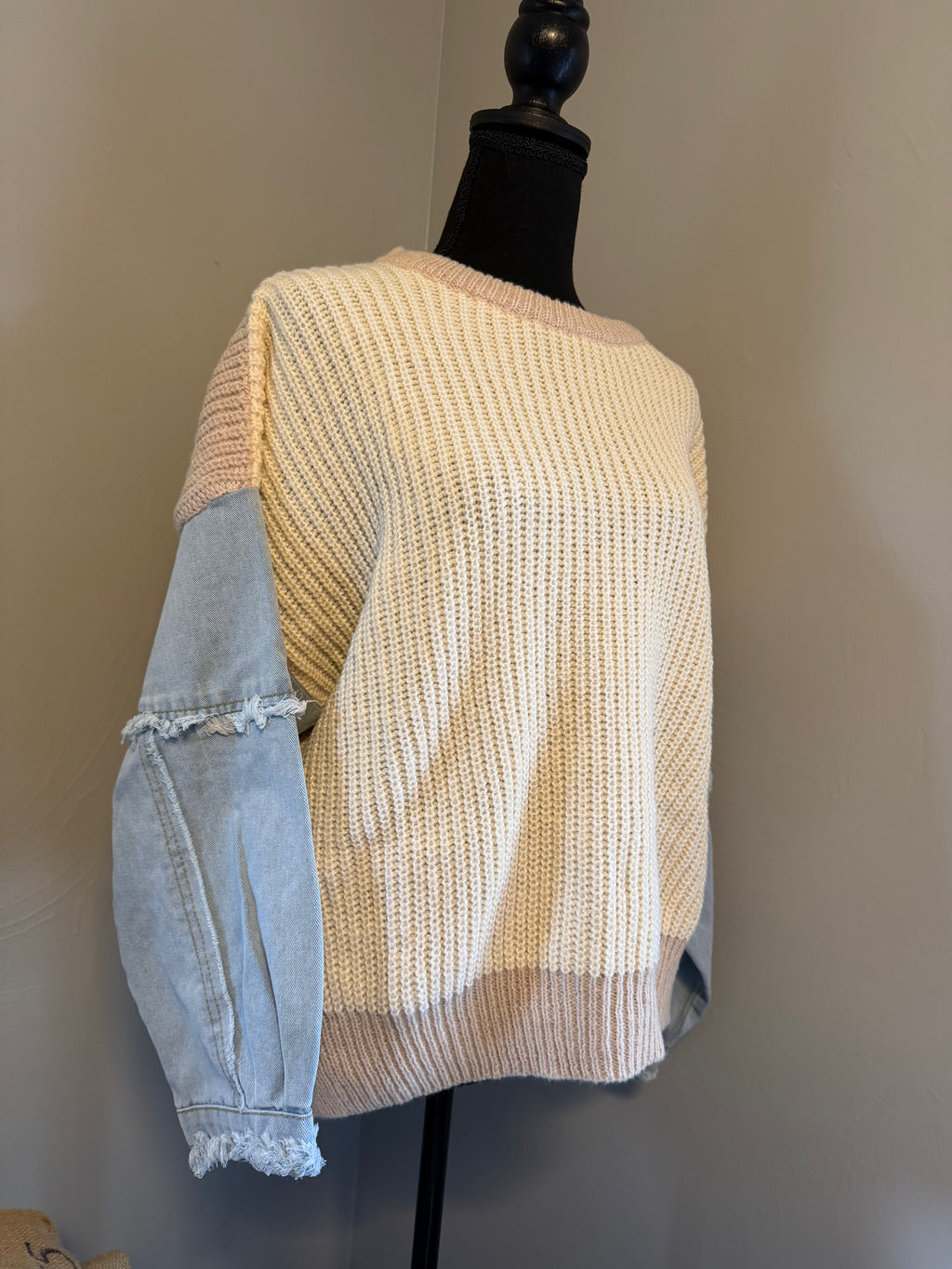 Taupe two toned sweater with denim sleeves