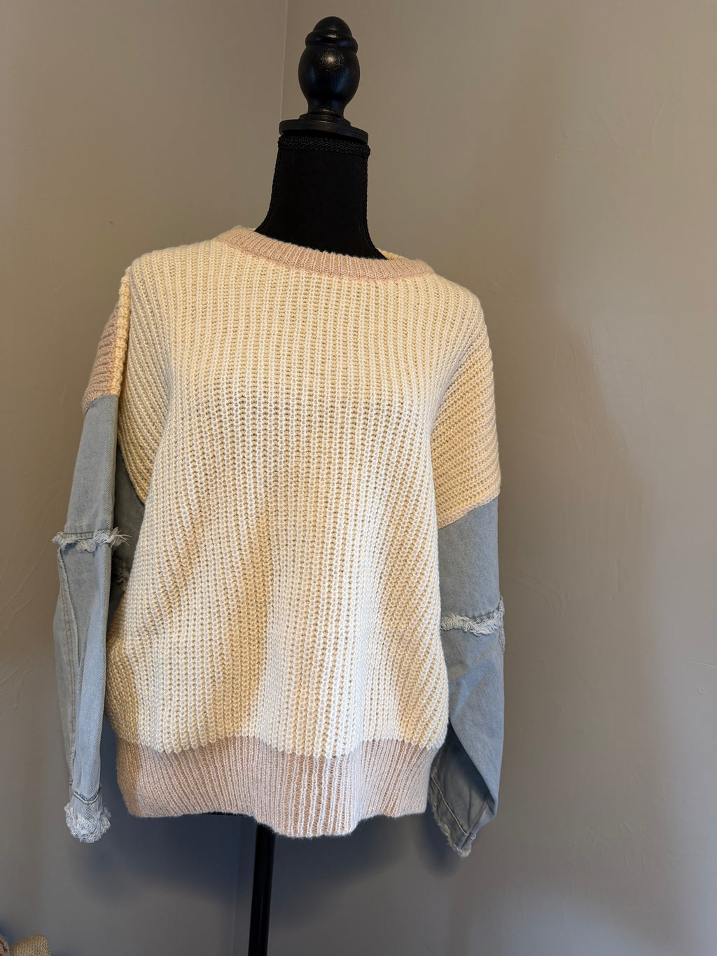 Taupe two toned sweater with denim sleeves