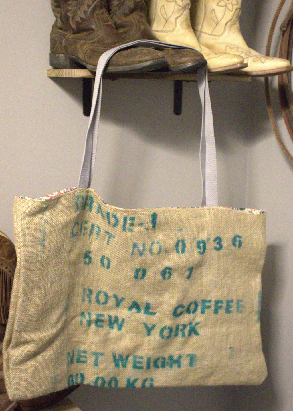 Handmade burlap tote bag