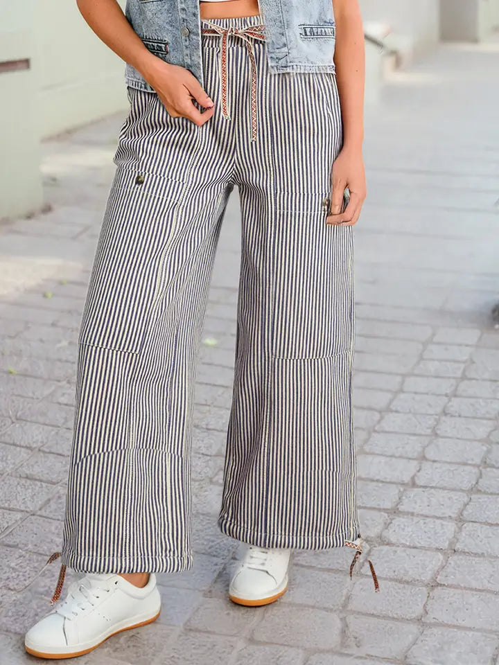Striped wide leg, drawstring pants