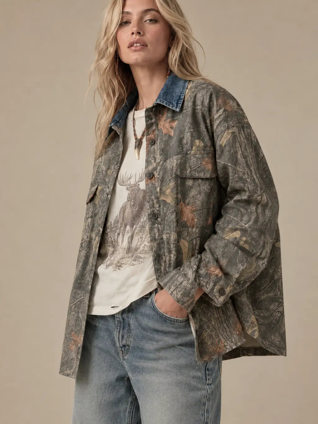 Camo jacket with denim collar