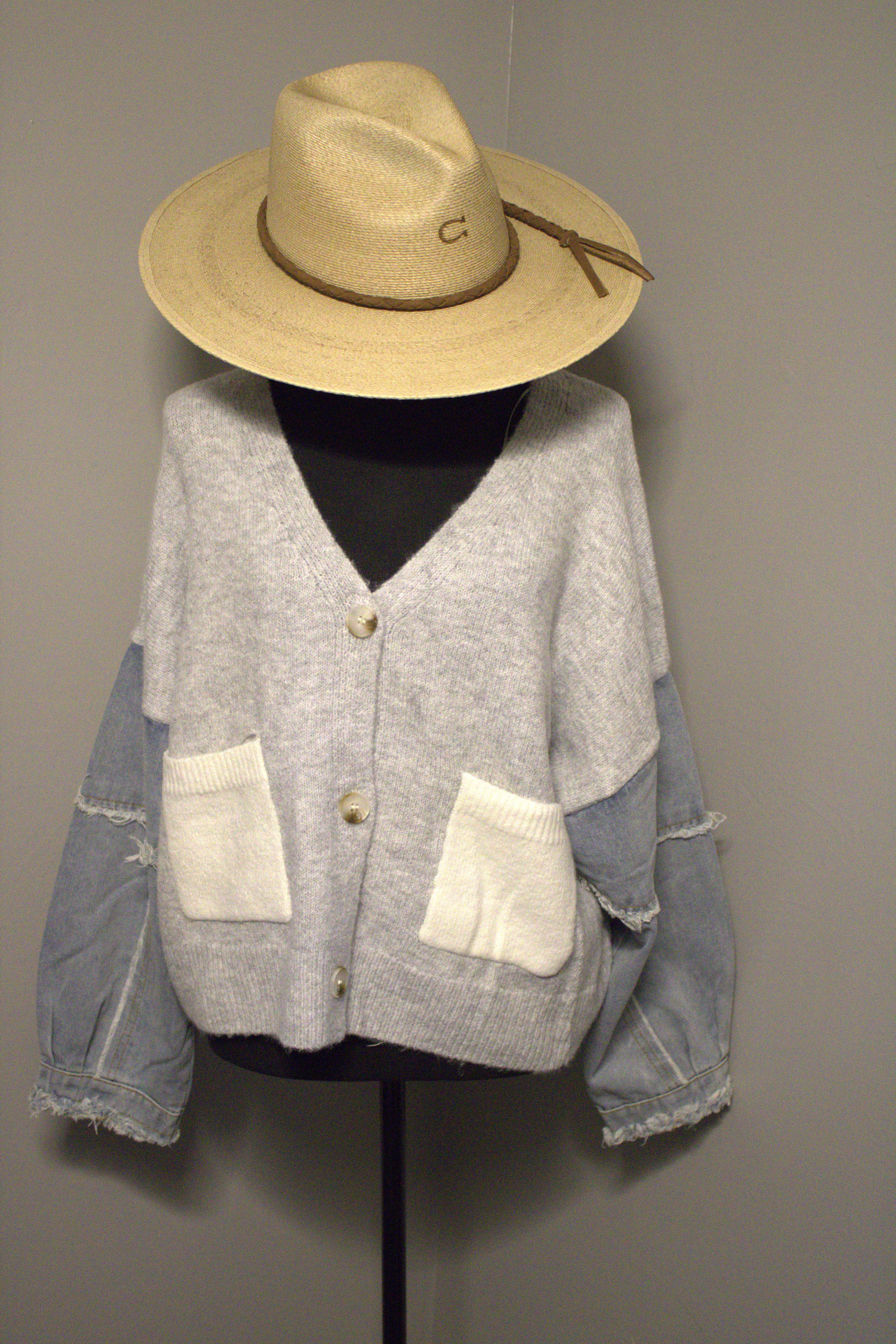 White knit cardigan with denim sleeve