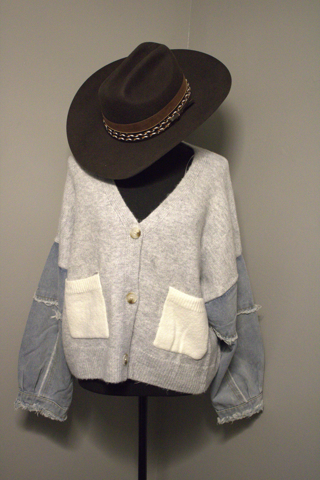 White knit cardigan with denim sleeve