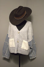 White knit cardigan with denim sleeve