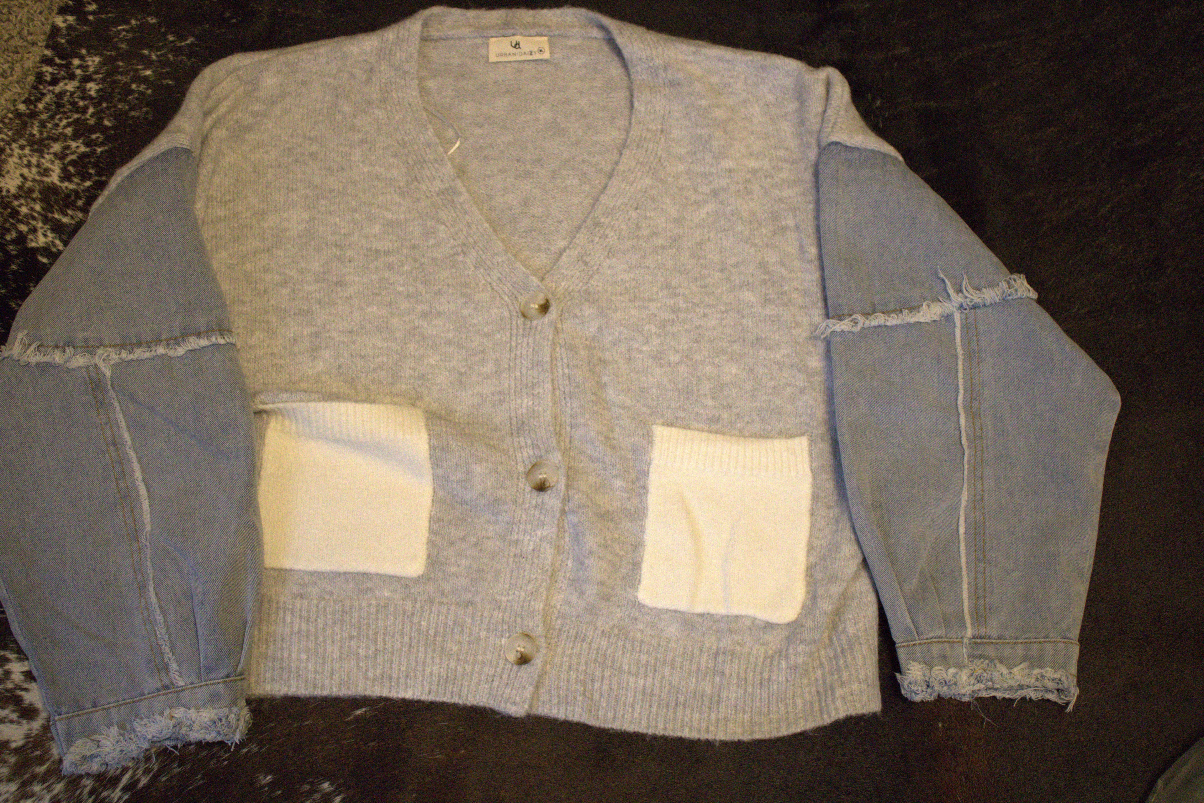 White knit cardigan with denim sleeve