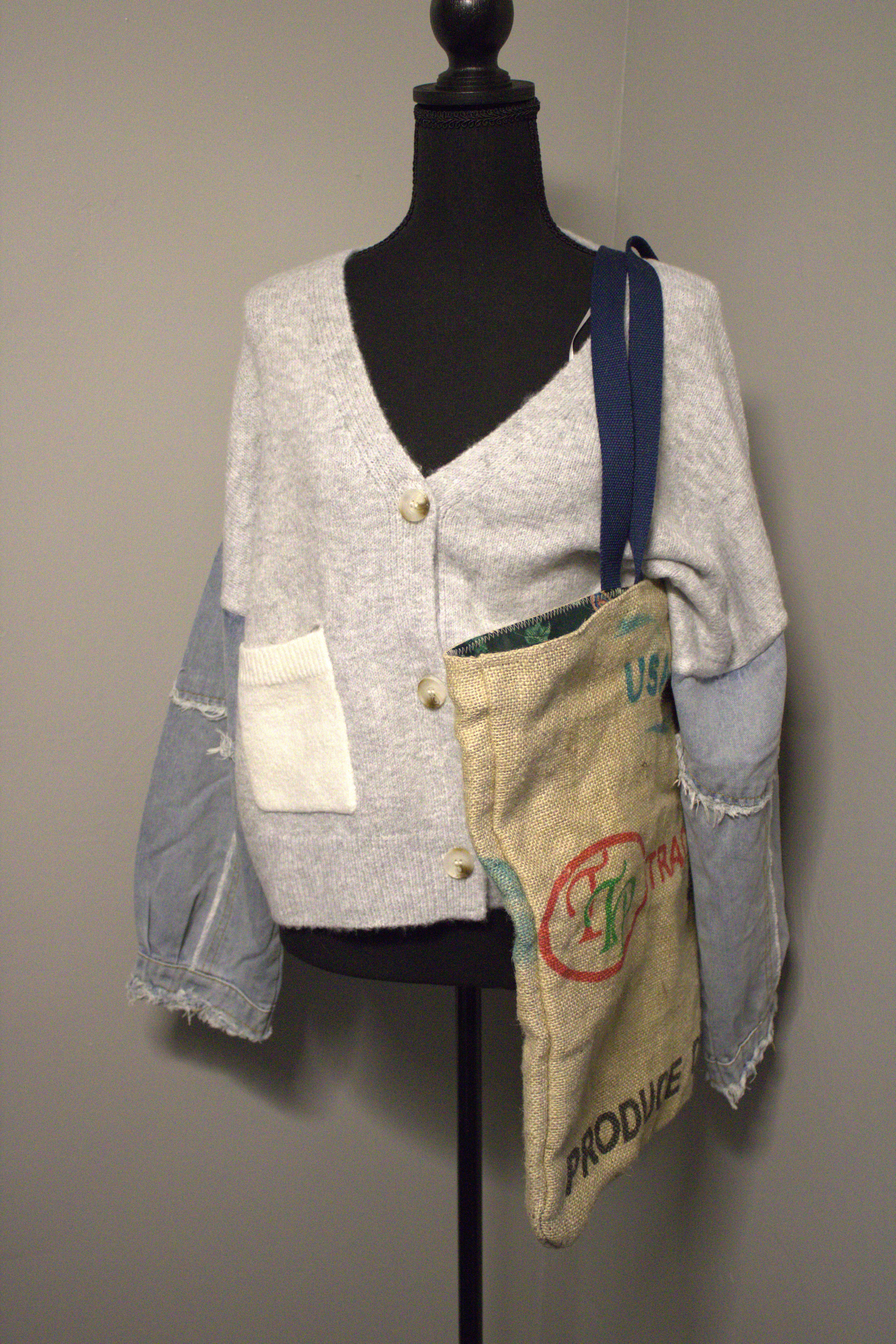 White knit cardigan with denim sleeve